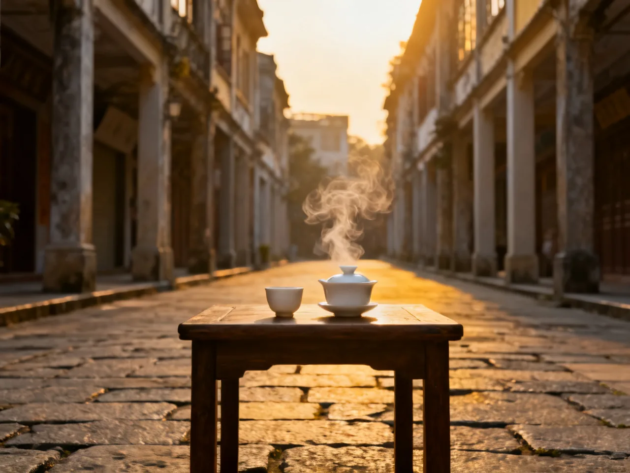 In the old street at dawn, I slowed down by following a bowl of hot soup