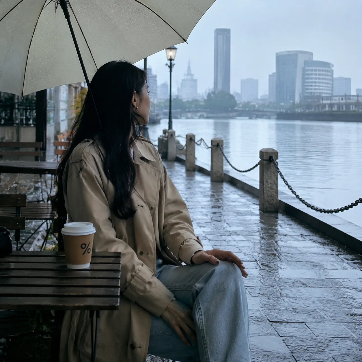 五月在宁波老外滩遇到雨，我一个人看着江面发亮，忽然觉得赶路也值得被原谅