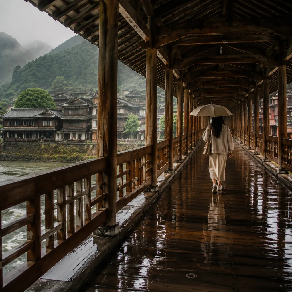 Walking Slowly Across a Wooden Covered Bridge in the Rain