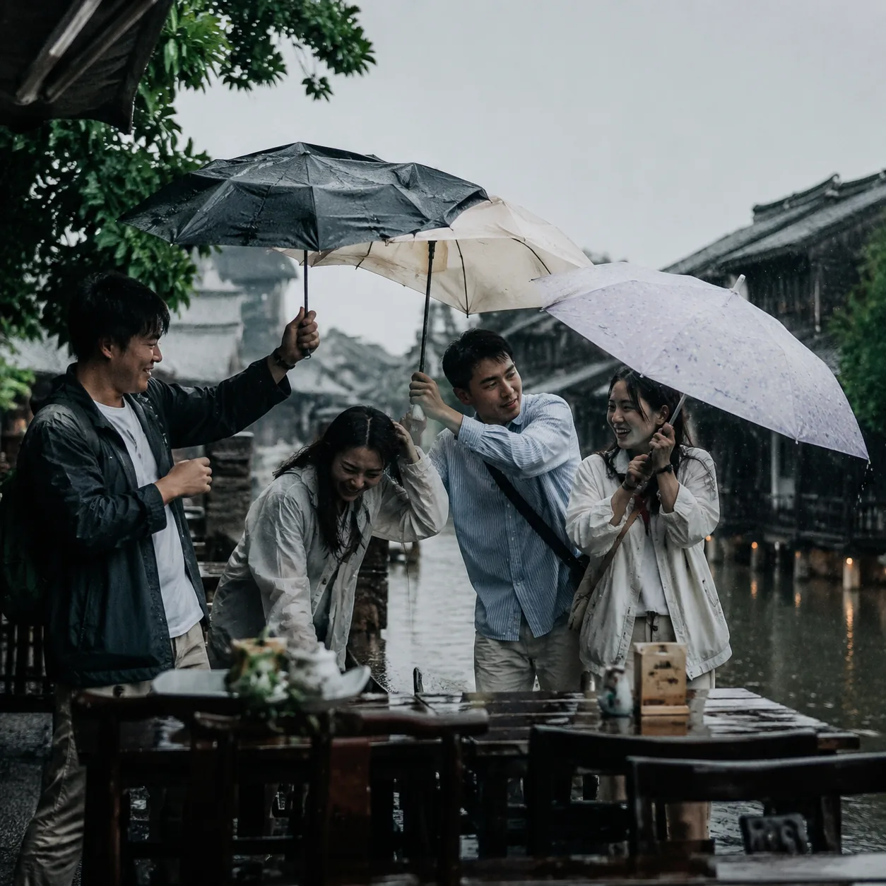 我们在常熟尚湖的五月雨里轮流拿伞拍照，最后笑到谁都不在乎照片拍没拍好