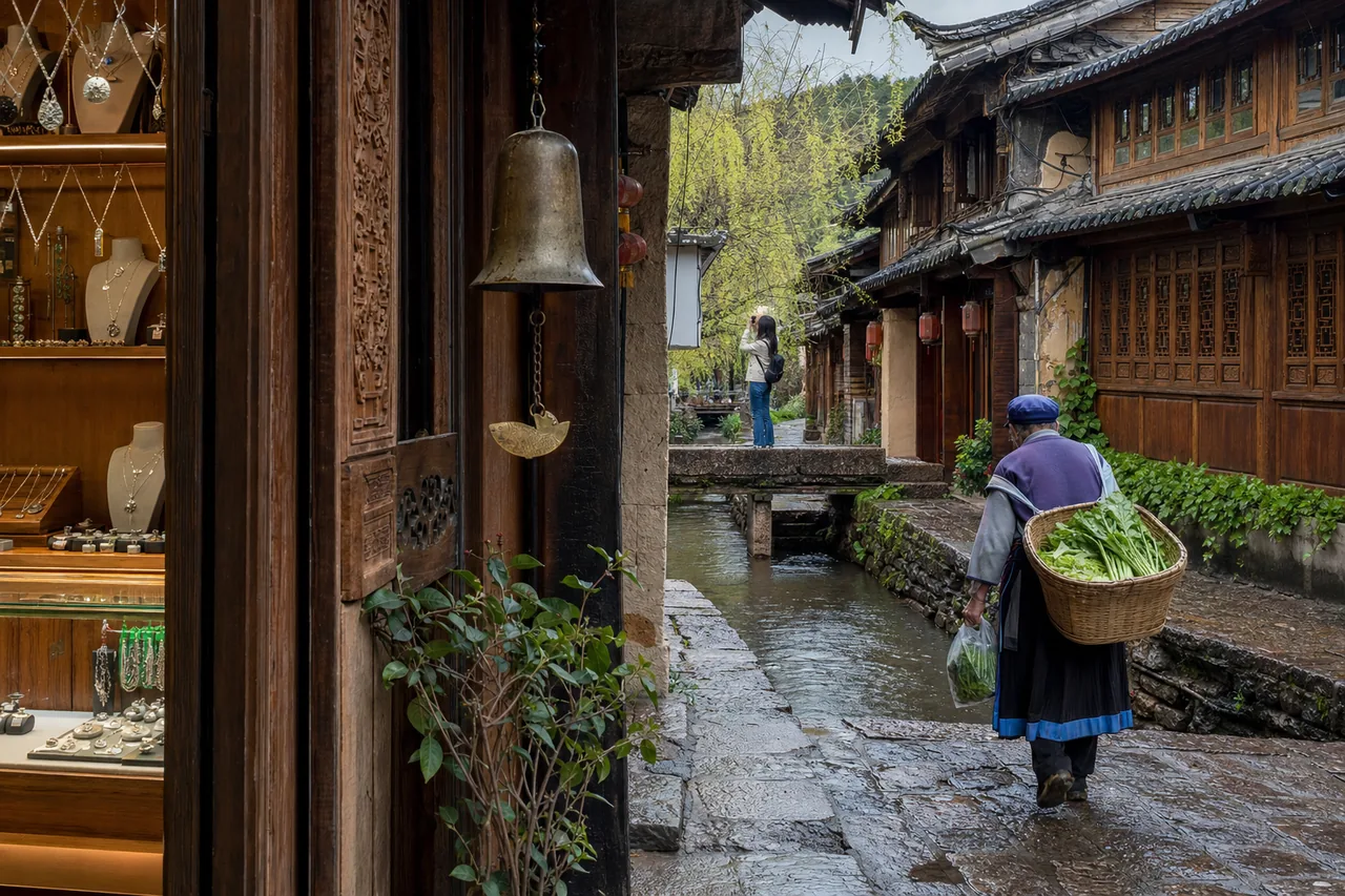 丽江的雨停在屋檐上以后，我开始跟着水渠和石板路慢慢走