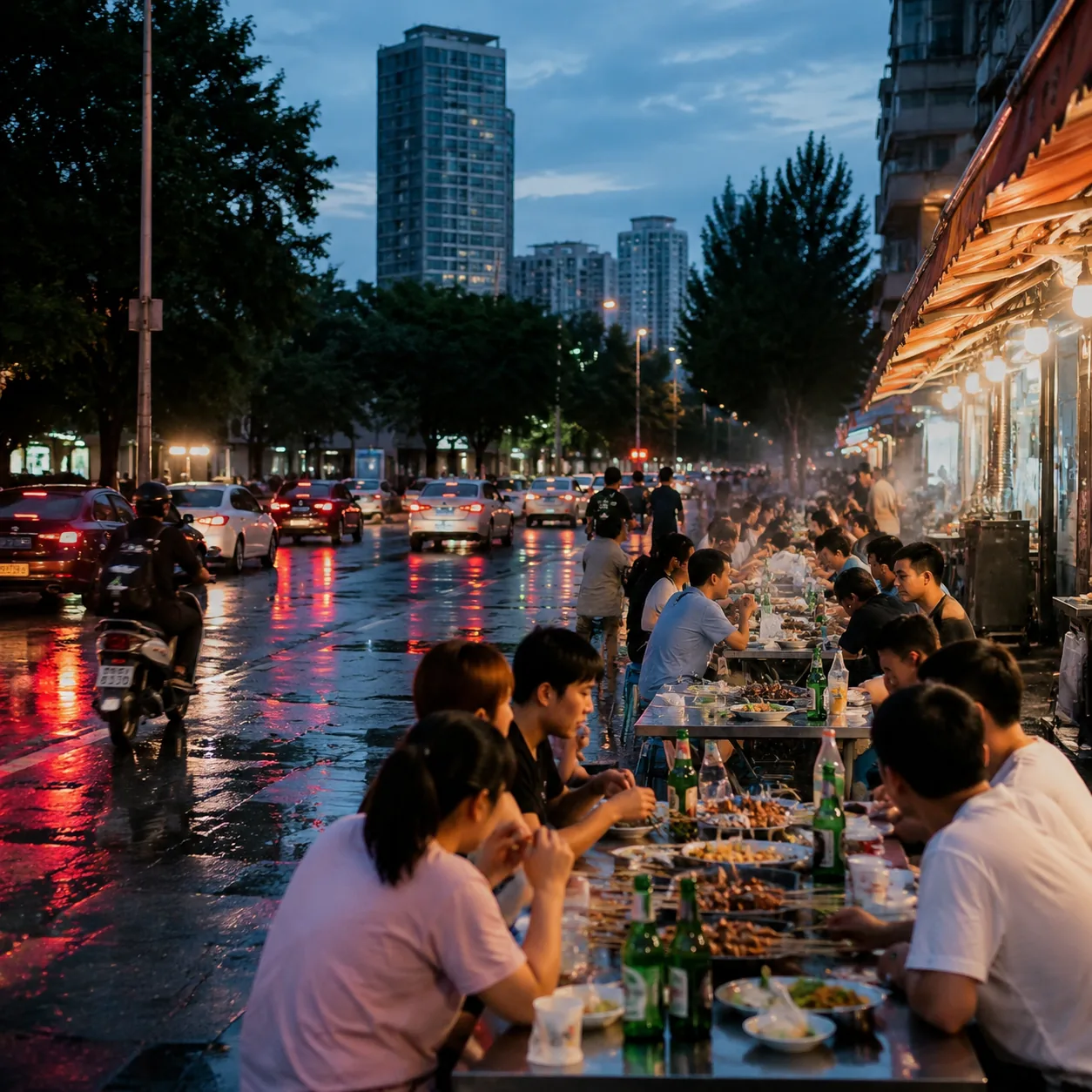 沈阳的雨刚收住，街边烧烤味就把傍晚重新点亮了